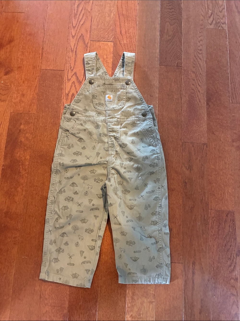 Carhartt Kids Tan 2T toddler Camping Print Cotton Overalls